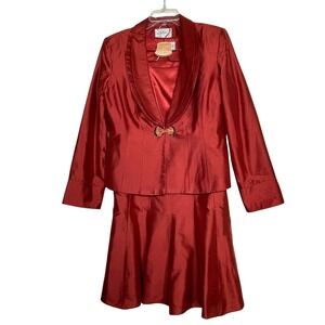 Lily & Taylor Red 100% Silk 3 Piece Skirt Suit Set Jeweled Clasp Women's Size 12